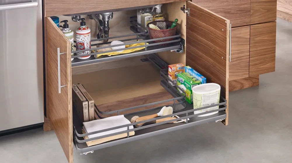 An under-sink pull-out keeping cleaning supplies orderly and easy to see